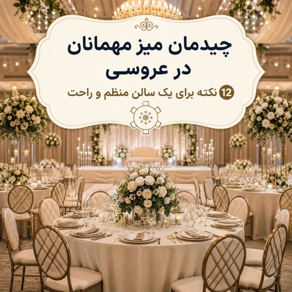 چیدمان میز مهمانان عروسی در سالن با میزهای گرد و فاصله مناسب