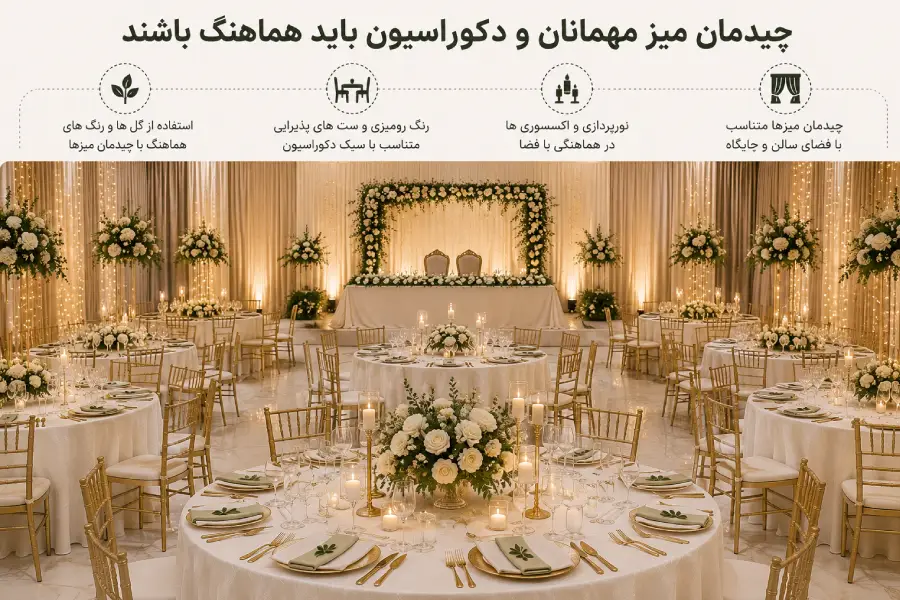 هماهنگی میزهای پذیرایی با گل آرایی، نورپردازی و دکوراسیون سالن عروسی