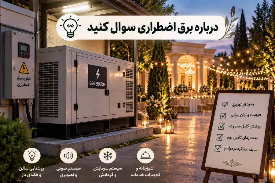 بررسی برق اضطراری و ژنراتور باغ تالار قبل از رزرو