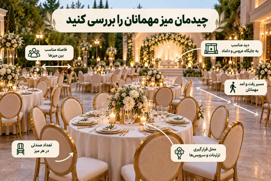 چیدمان میزهای مهمانان و فاصله مناسب برای رفت و آمد