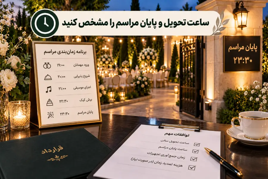 بررسی ساعت تحویل باغ تالار و زمان پایان مراسم عروسی