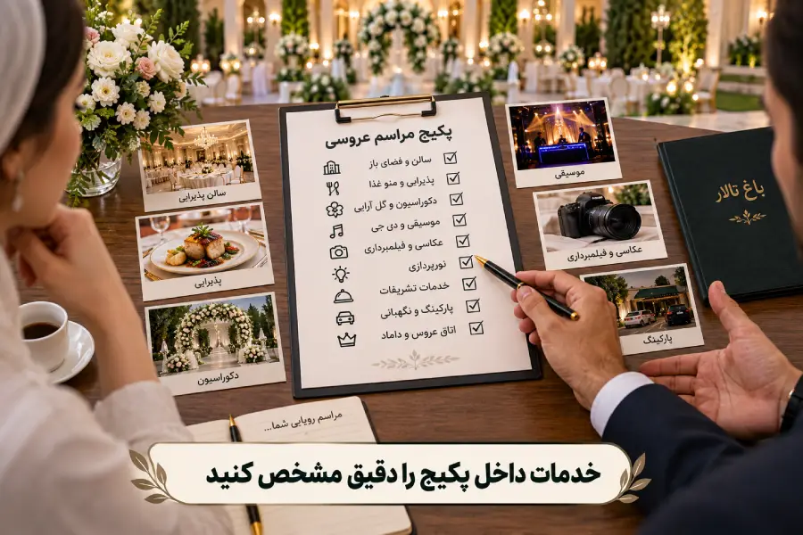 بررسی خدمات داخل پکیج باغ تالار شامل پذیرایی، دکوراسیون و موسیقی