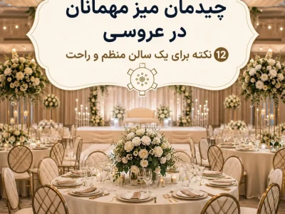 چیدمان میز مهمانان عروسی در سالن با میزهای گرد و فاصله مناسب